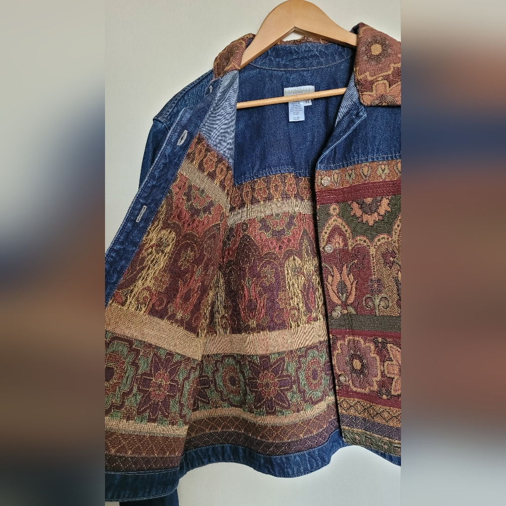 Coldwater Creek Denim and Tapestry Textured Jacket, Women's XL, Blue Jean, Brown - Picture 4 of 10